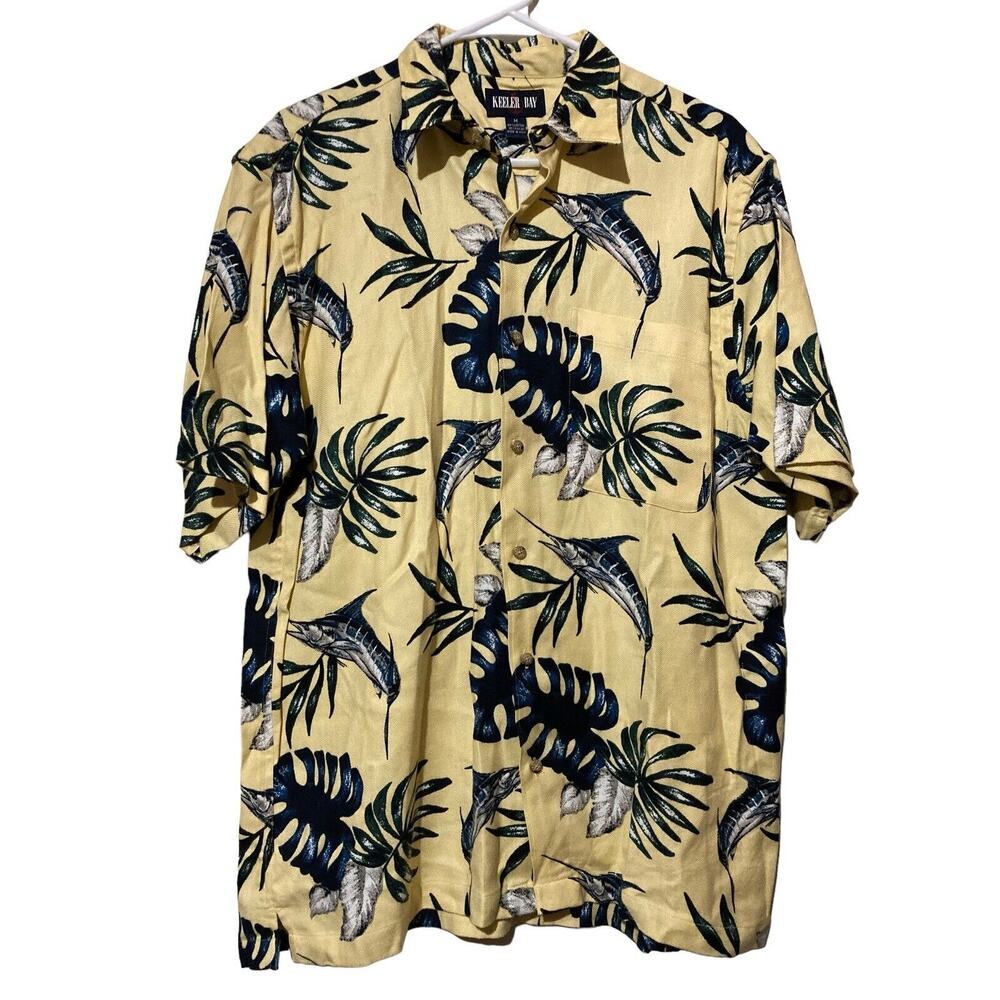 Keeler Bay Hawaiian Tropical Marlin Fish Print mens Shirt Button‎ Short Sleeve